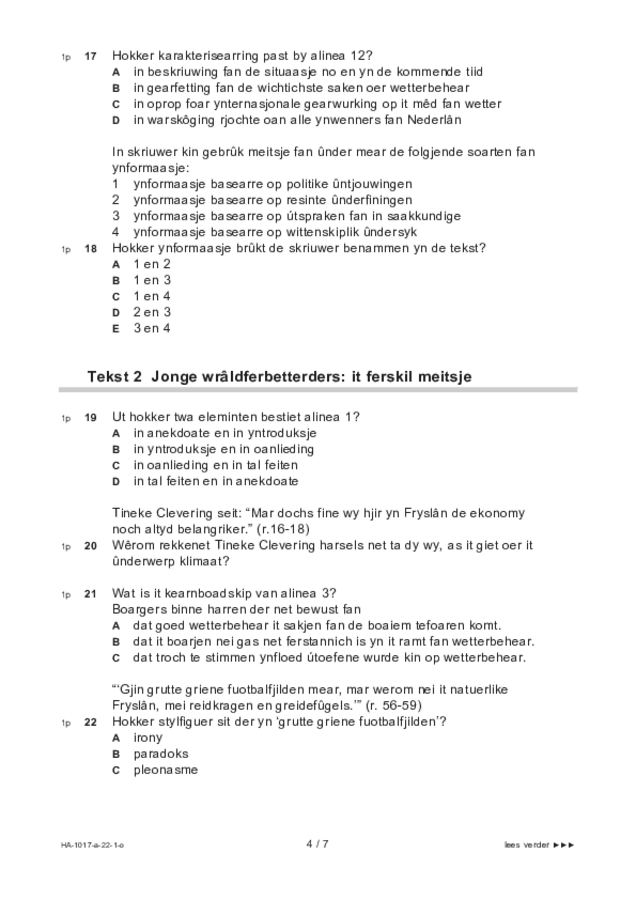 Opgaven examen HAVO Fries 2022, tijdvak 1. Pagina 4