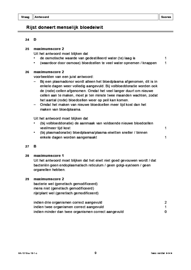 Correctievoorschrift examen HAVO biologie 2019, tijdvak 1. Pagina 9