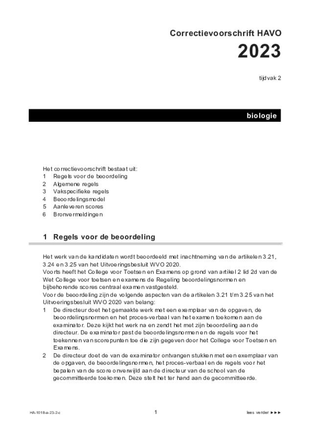 Correctievoorschrift examen HAVO biologie 2023, tijdvak 2. Pagina 1