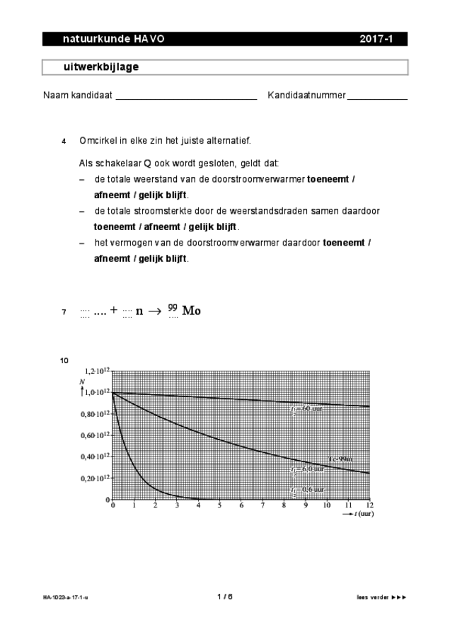 Uitwerkbijlage examen HAVO natuurkunde 2017, tijdvak 1. Pagina 1