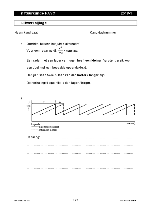 Uitwerkbijlage examen HAVO natuurkunde 2018, tijdvak 1. Pagina 1