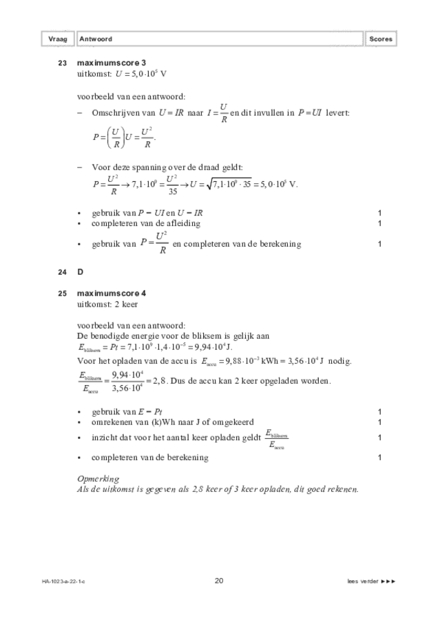 Correctievoorschrift examen HAVO natuurkunde 2022, tijdvak 1. Pagina 20