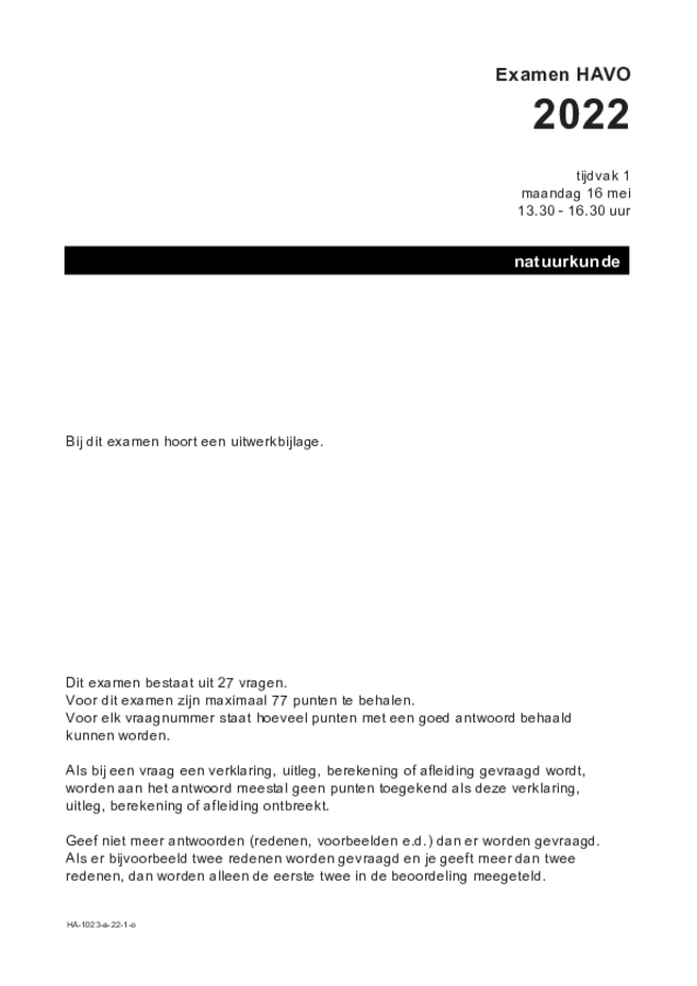 Opgaven examen HAVO natuurkunde 2022, tijdvak 1. Pagina 1