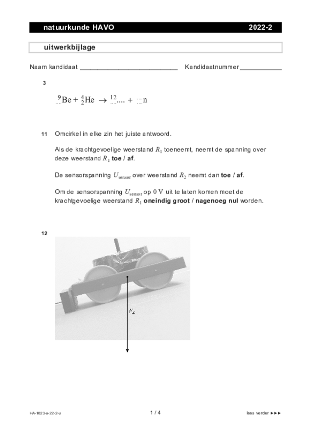 Uitwerkbijlage examen HAVO natuurkunde 2022, tijdvak 2. Pagina 1