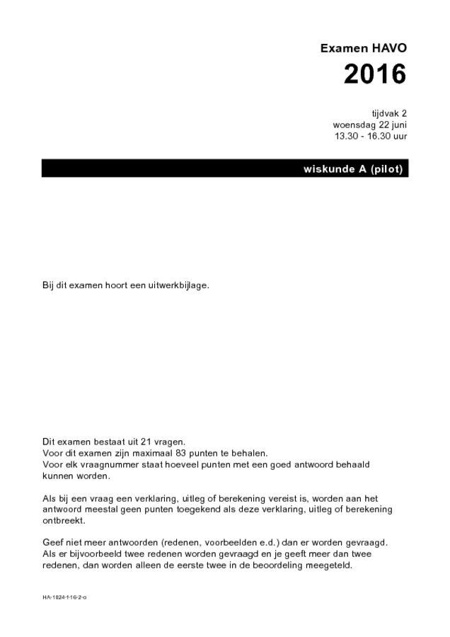 Opgaven examen HAVO wiskunde A 2016, tijdvak 2. Pagina 1