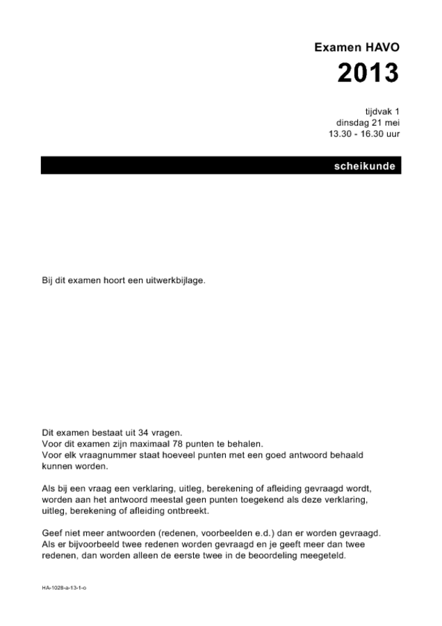 Opgaven examen HAVO scheikunde 2013, tijdvak 1. Pagina 1