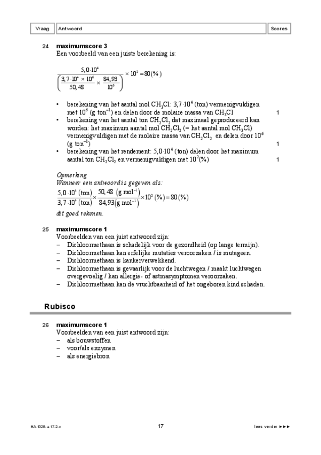 Correctievoorschrift examen HAVO scheikunde 2017, tijdvak 2. Pagina 17