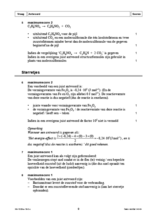 Correctievoorschrift examen HAVO scheikunde 2019, tijdvak 2. Pagina 9