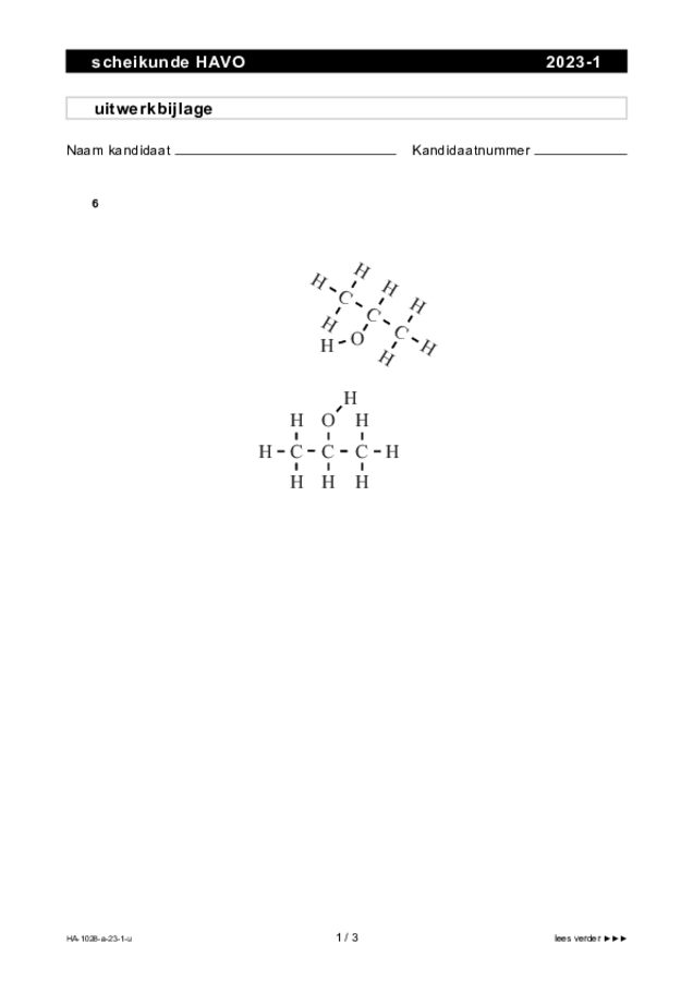 Uitwerkbijlage examen HAVO scheikunde 2023, tijdvak 1. Pagina 1