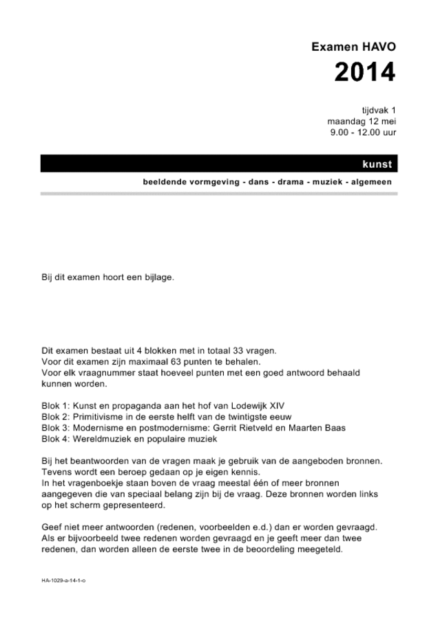 Opgaven examen HAVO kunst (algemeen) 2014, tijdvak 1. Pagina 1