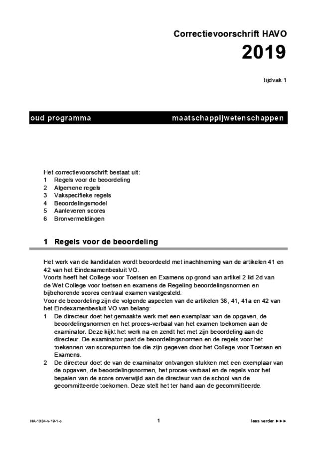 Correctievoorschrift examen HAVO maatschappijwetenschappen 2019, tijdvak 1. Pagina 1