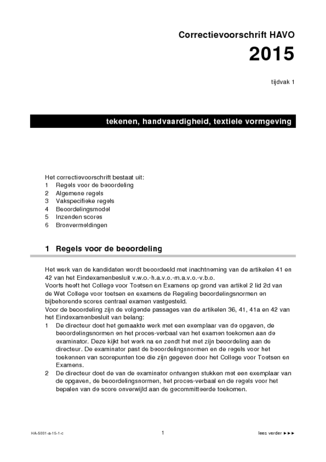 Correctievoorschrift examen HAVO tekenen, handenarbeid en textiele werkvormen 2015, tijdvak 1. Pagina 1