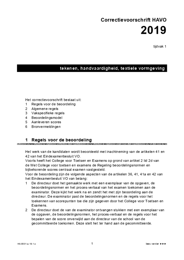 Correctievoorschrift examen HAVO tekenen, handenarbeid en textiele werkvormen 2019, tijdvak 1. Pagina 1