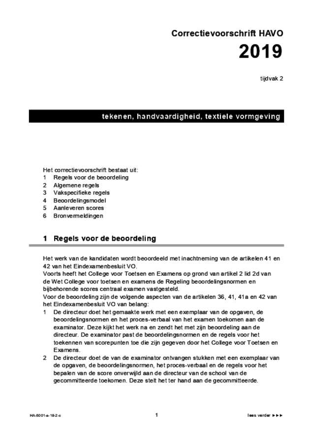 Correctievoorschrift examen HAVO tekenen, handenarbeid en textiele werkvormen 2019, tijdvak 2. Pagina 1