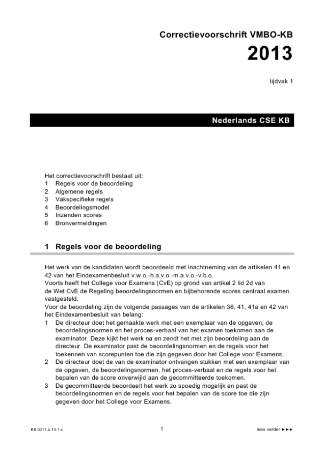 Correctievoorschrift examen VMBO KB Nederlands 2013, tijdvak 1. Pagina 1