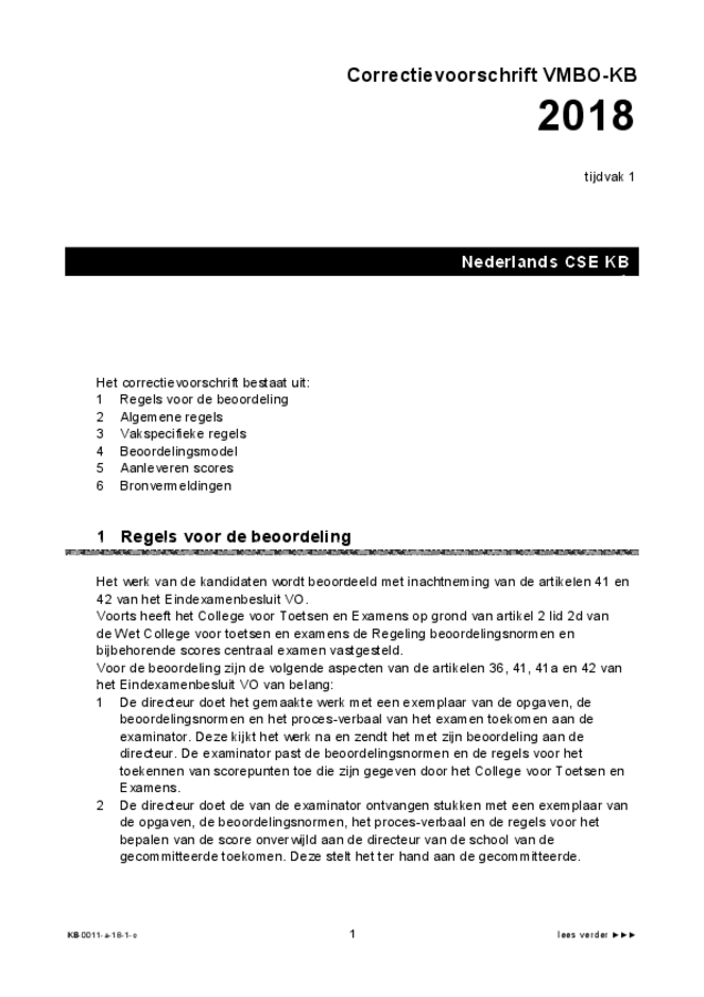 Correctievoorschrift examen VMBO KB Nederlands 2018, tijdvak 1. Pagina 1
