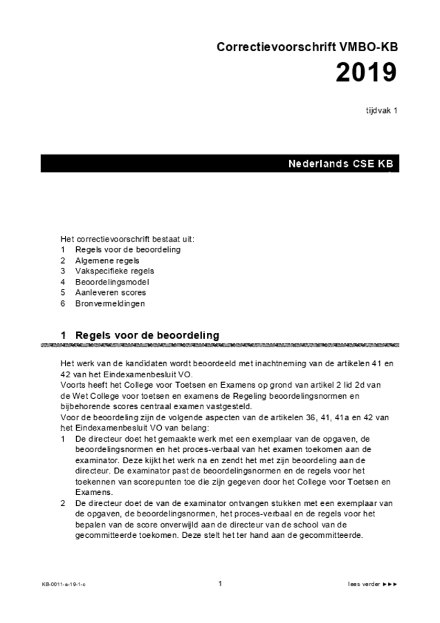 Correctievoorschrift examen VMBO KB Nederlands 2019, tijdvak 1. Pagina 1