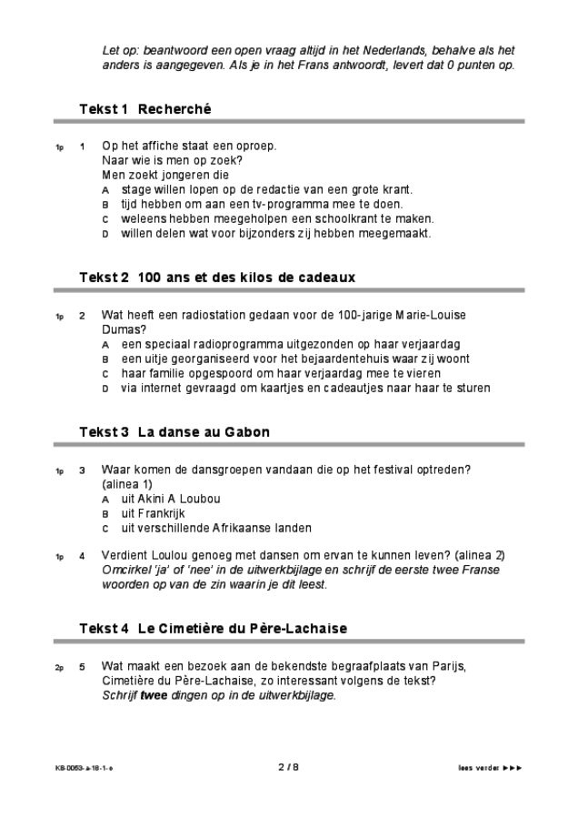 Opgaven examen VMBO KB Frans 2018, tijdvak 1. Pagina 2