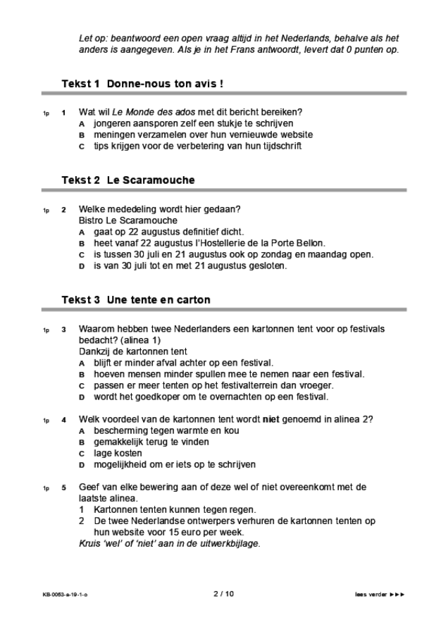 Opgaven examen VMBO KB Frans 2019, tijdvak 1. Pagina 2