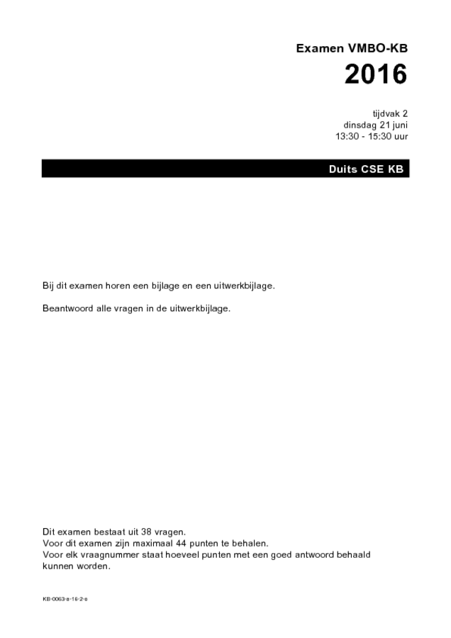 Opgaven examen VMBO KB Duits 2016, tijdvak 2. Pagina 1