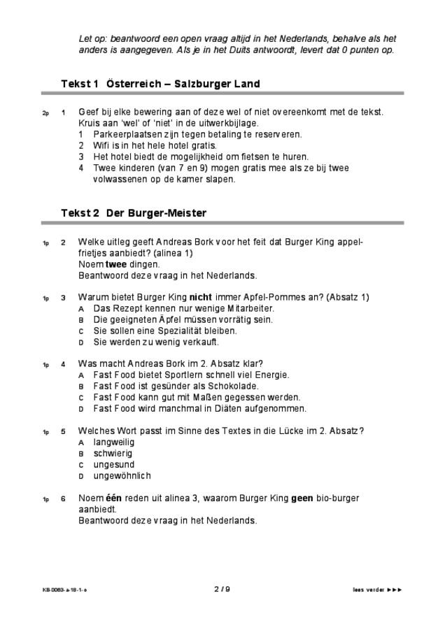 Opgaven examen VMBO KB Duits 2018, tijdvak 1. Pagina 2