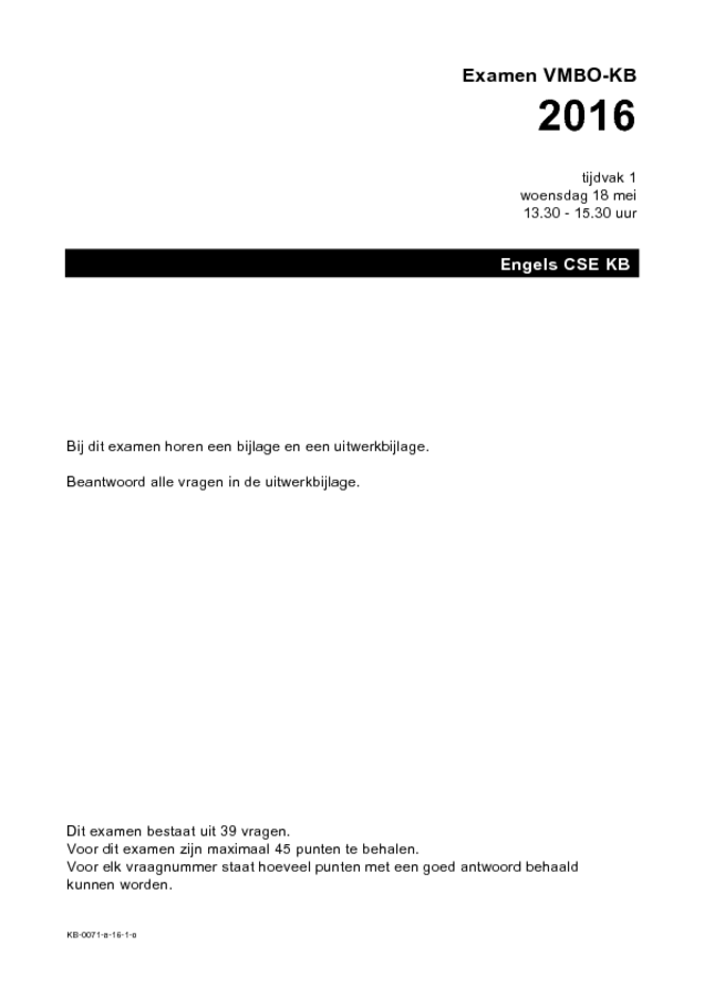 Opgaven examen VMBO KB Engels 2016, tijdvak 1. Pagina 1