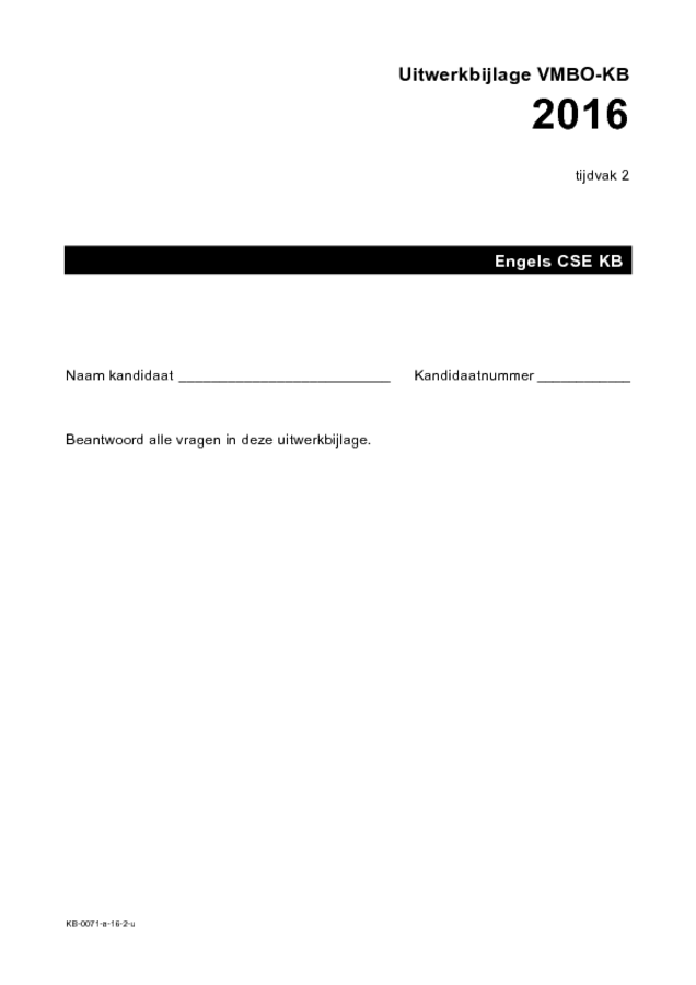 Uitwerkbijlage examen VMBO KB Engels 2016, tijdvak 2. Pagina 1
