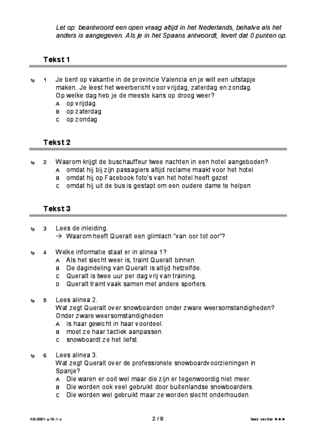 Opgaven examen VMBO KB Spaans 2018, tijdvak 1. Pagina 2