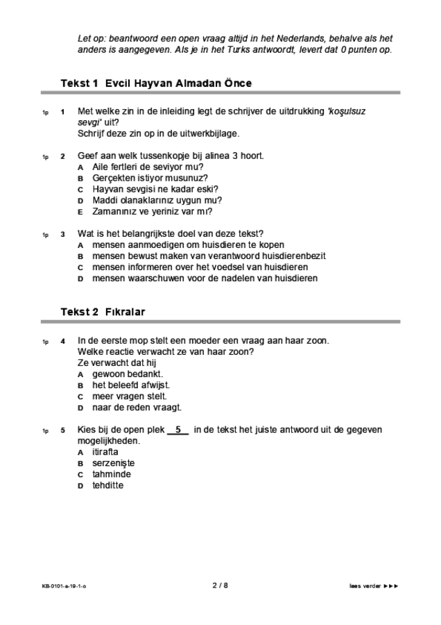 Opgaven examen VMBO KB Turks 2019, tijdvak 1. Pagina 2