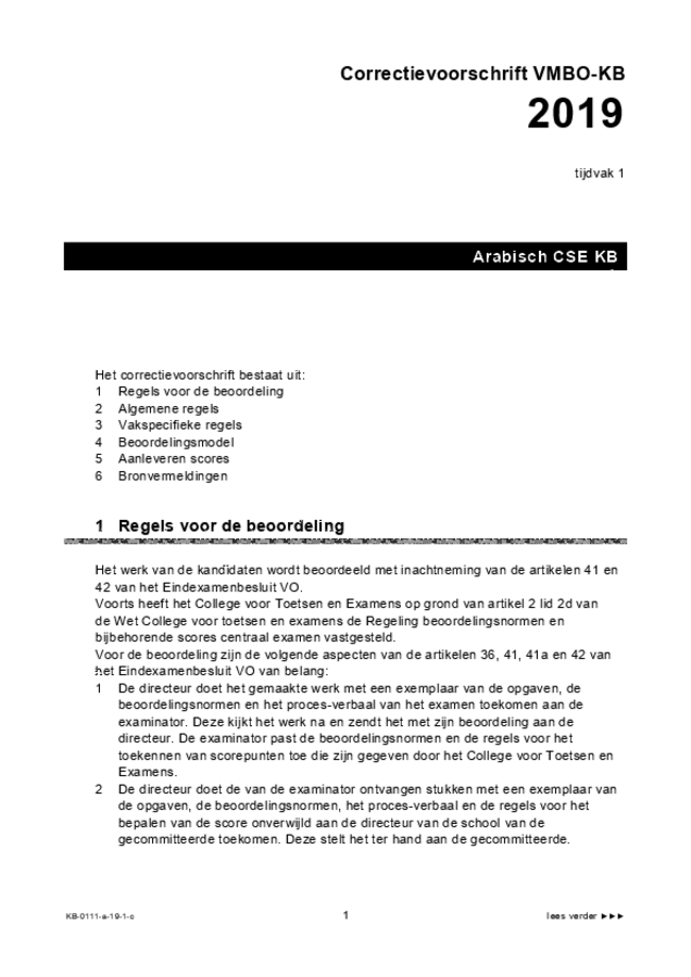 Correctievoorschrift examen VMBO KB Arabisch 2019, tijdvak 1. Pagina 1