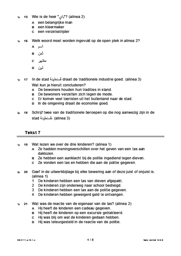 Opgaven examen VMBO KB Arabisch 2019, tijdvak 1. Pagina 4