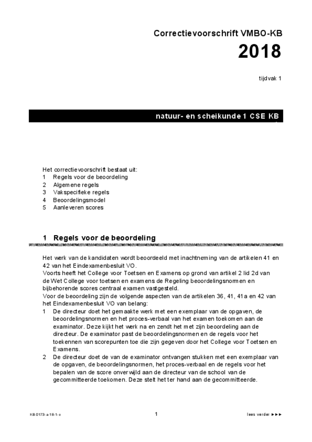 Correctievoorschrift examen VMBO KB natuur- en scheikunde 1 2018, tijdvak 1. Pagina 1