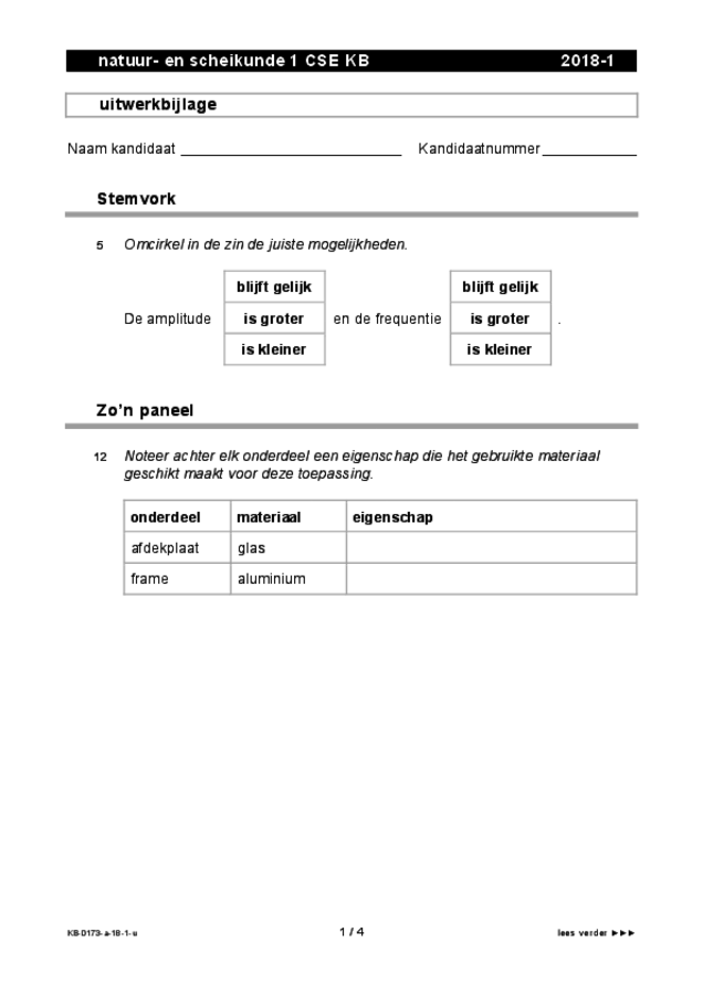 Uitwerkbijlage examen VMBO KB natuur- en scheikunde 1 2018, tijdvak 1. Pagina 1