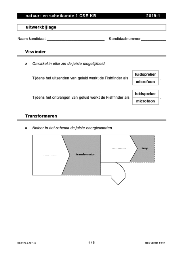 Uitwerkbijlage examen VMBO KB natuur- en scheikunde 1 2019, tijdvak 1. Pagina 1
