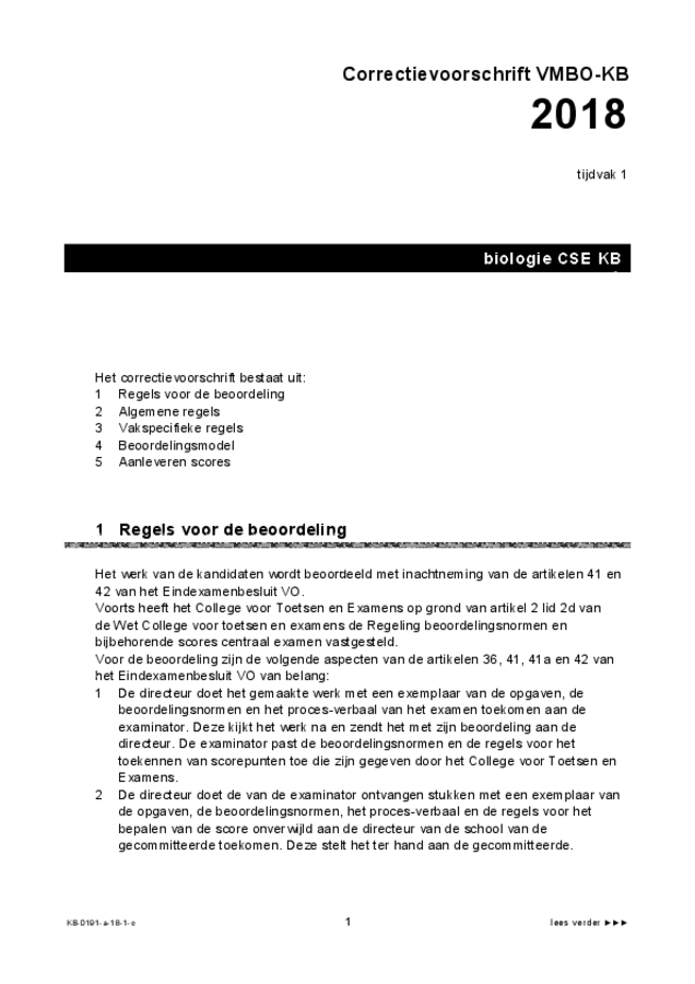 Correctievoorschrift examen VMBO KB biologie 2018, tijdvak 1. Pagina 1