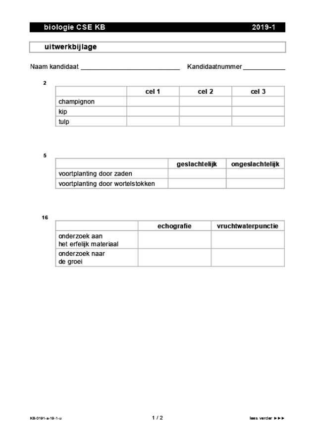 Uitwerkbijlage examen VMBO KB biologie 2019, tijdvak 1. Pagina 1