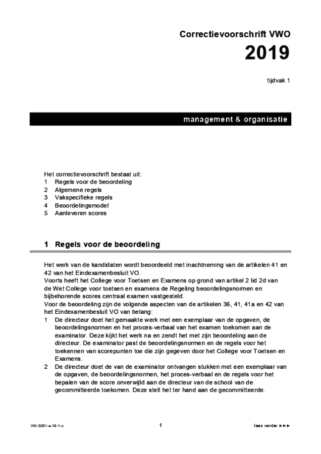 Correctievoorschrift examen VWO management & organisatie 2019, tijdvak 1. Pagina 1