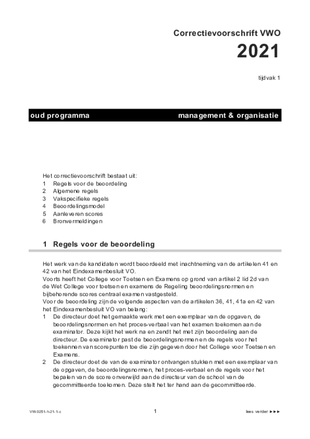 Correctievoorschrift examen VWO management & organisatie 2021, tijdvak 1. Pagina 1