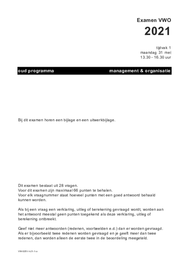 Opgaven examen VWO management & organisatie 2021, tijdvak 1. Pagina 1