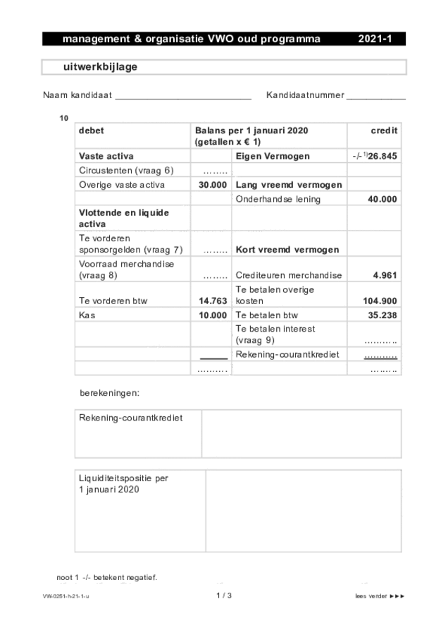 Uitwerkbijlage examen VWO management & organisatie 2021, tijdvak 1. Pagina 1