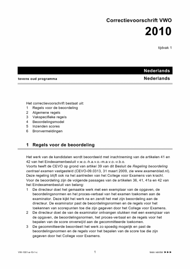 Correctievoorschrift examen VWO Nederlands 2010, tijdvak 1. Pagina 1