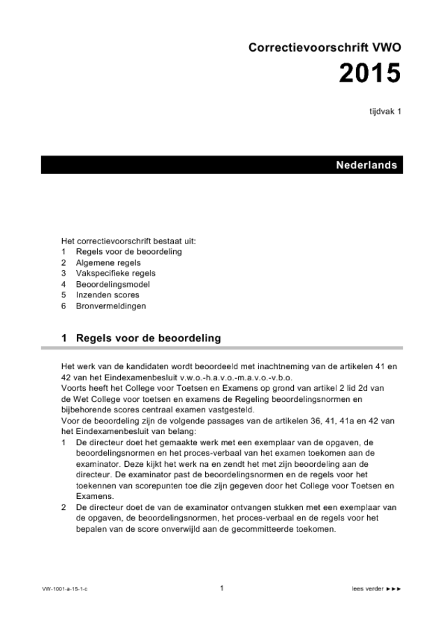 Correctievoorschrift examen VWO Nederlands 2015, tijdvak 1. Pagina 1