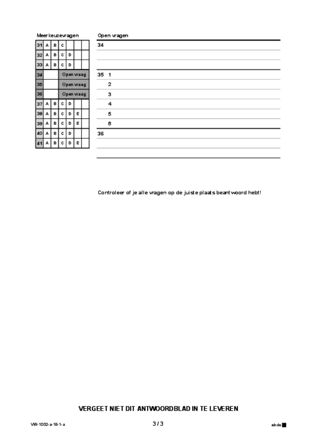 Antwoordblad examen VWO Engels 2018, tijdvak 1. Pagina 3