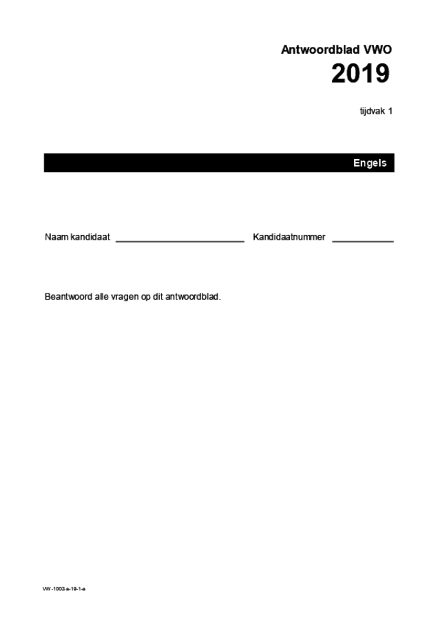 Antwoordblad examen VWO Engels 2019, tijdvak 1. Pagina 1