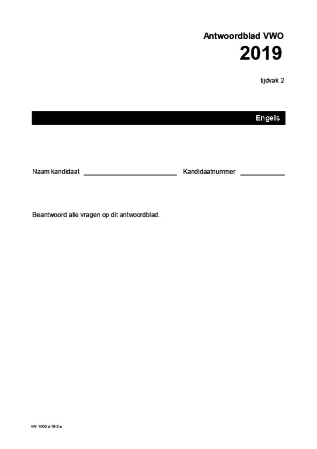 Antwoordblad examen VWO Engels 2019, tijdvak 2. Pagina 1