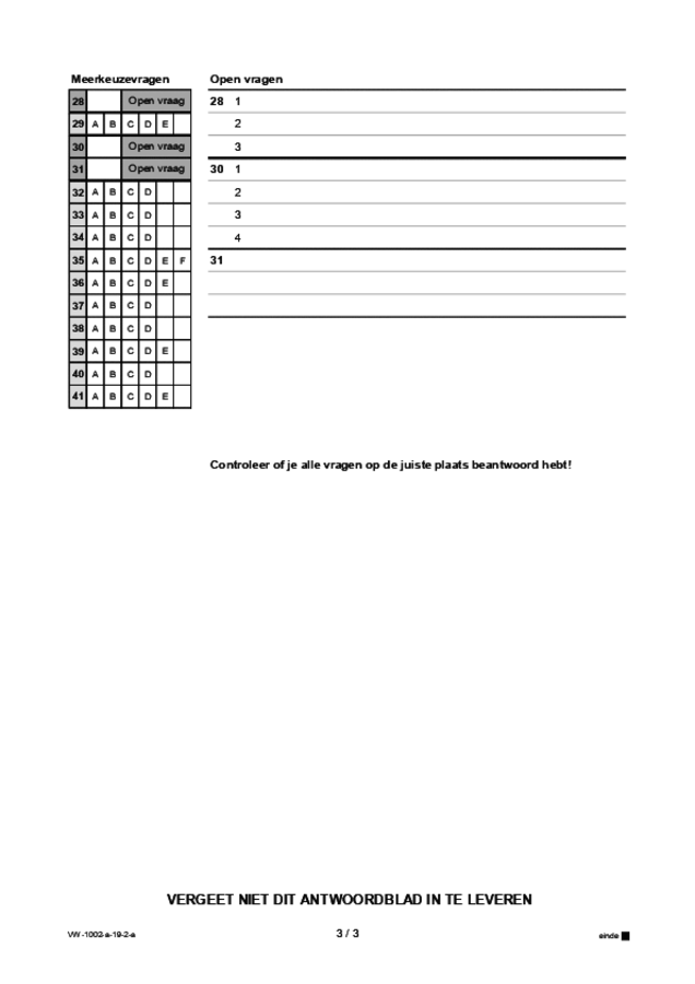 Antwoordblad examen VWO Engels 2019, tijdvak 2. Pagina 3