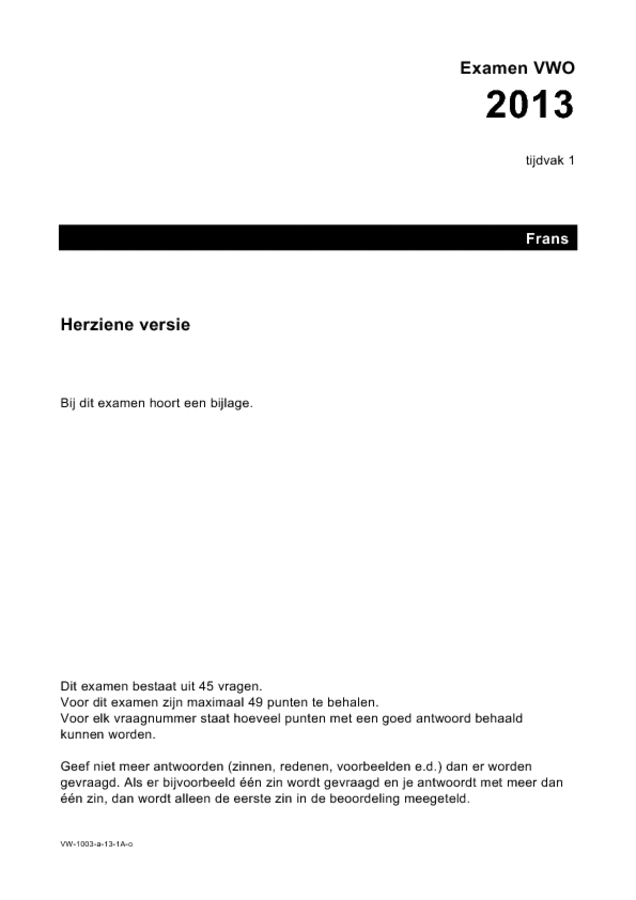 Opgaven examen VWO Frans 2013, tijdvak 1. Pagina 1