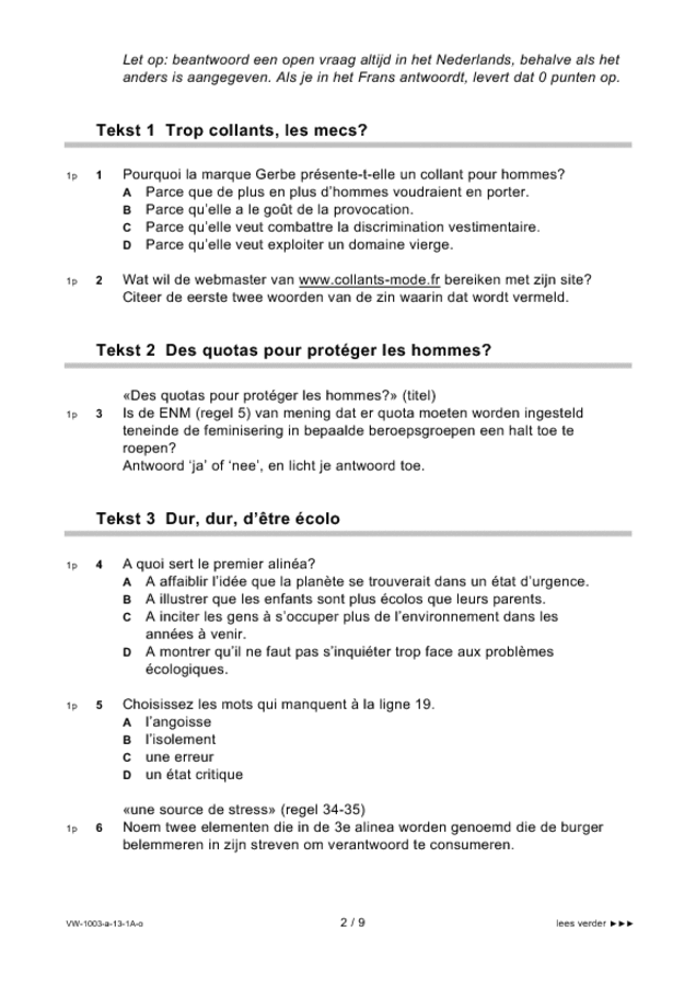 Opgaven examen VWO Frans 2013, tijdvak 1. Pagina 2