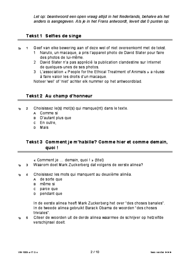 Opgaven examen VWO Frans 2017, tijdvak 2. Pagina 2