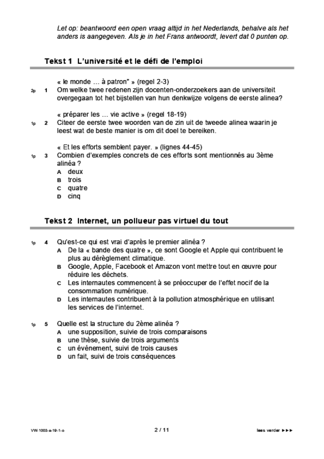 Opgaven examen VWO Frans 2019, tijdvak 1. Pagina 2
